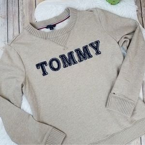 Tommy Hilfiger Embroidered Crewneck Pullover tan neutral and blue size large